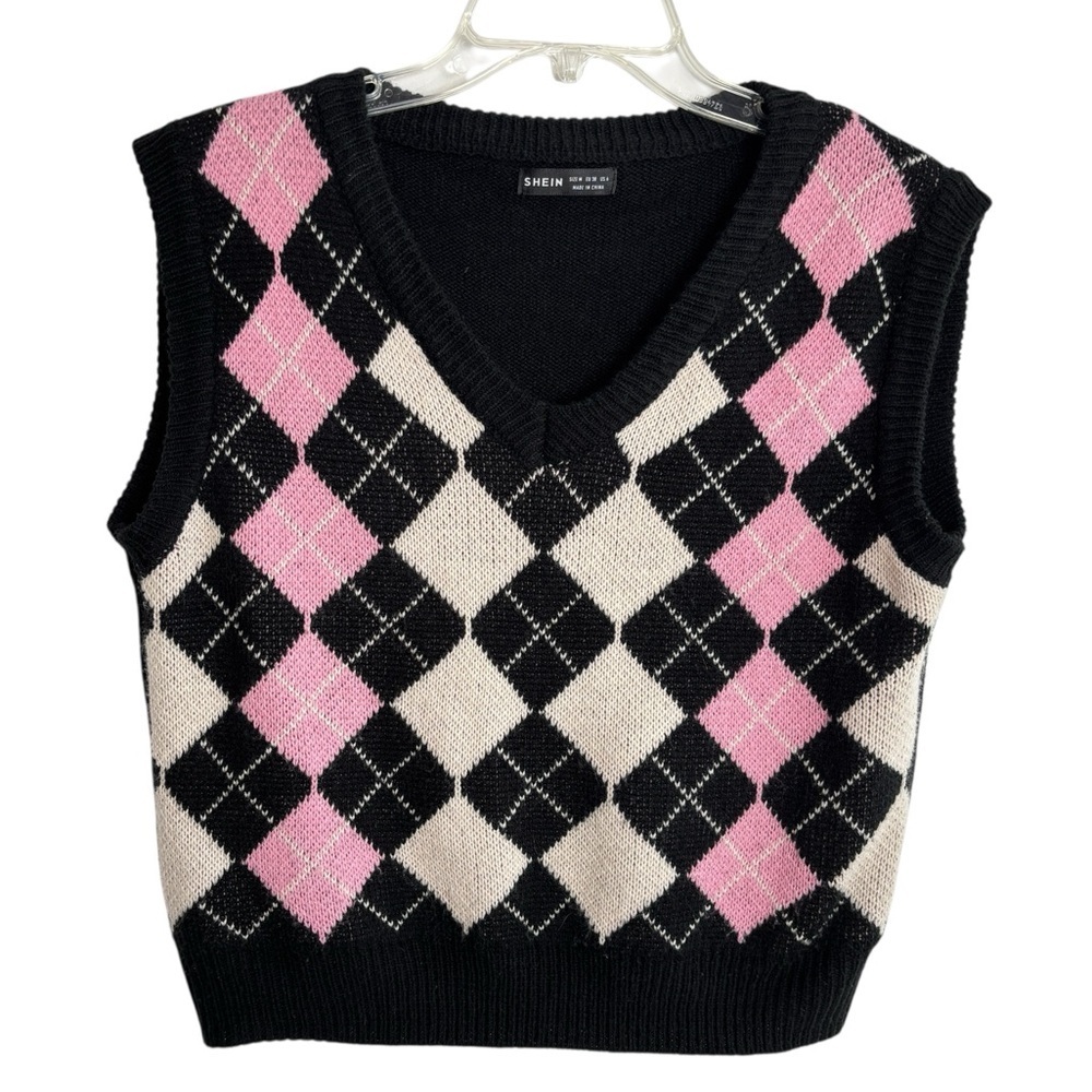 Shein Sweater Vest Argyle V Neck Womens Medium Black Pink White Academia Preppy
